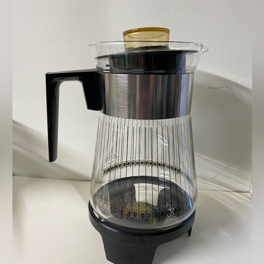 Pyrex Corning glass coffee carafe with lid, candle warmer stand